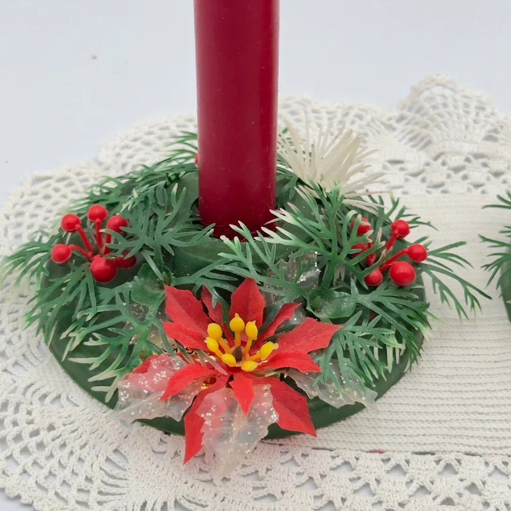 Vintage Christmas Poinsettia Candle Rings‎ Set of 2 Red Green Holiday Decor